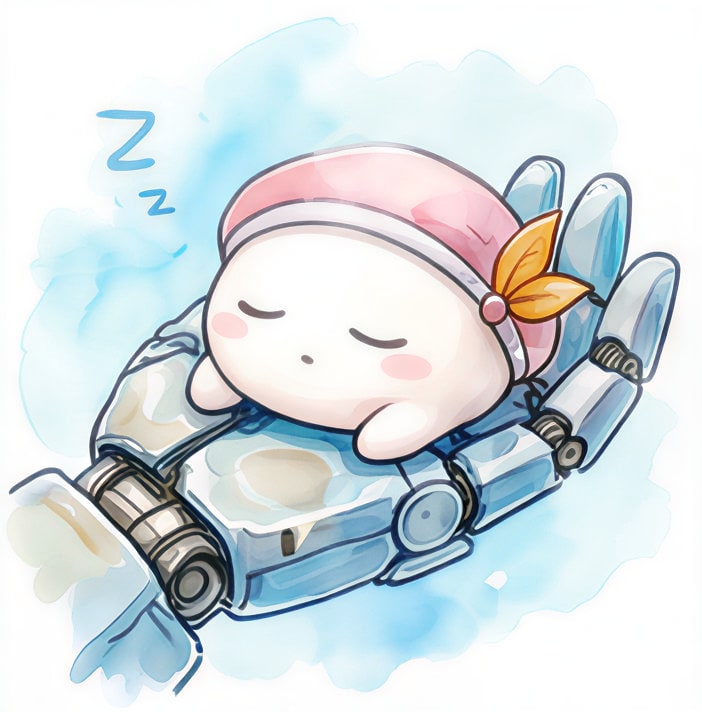 KesetRisu mascot - a sleepy kawaii character with a pink beanie